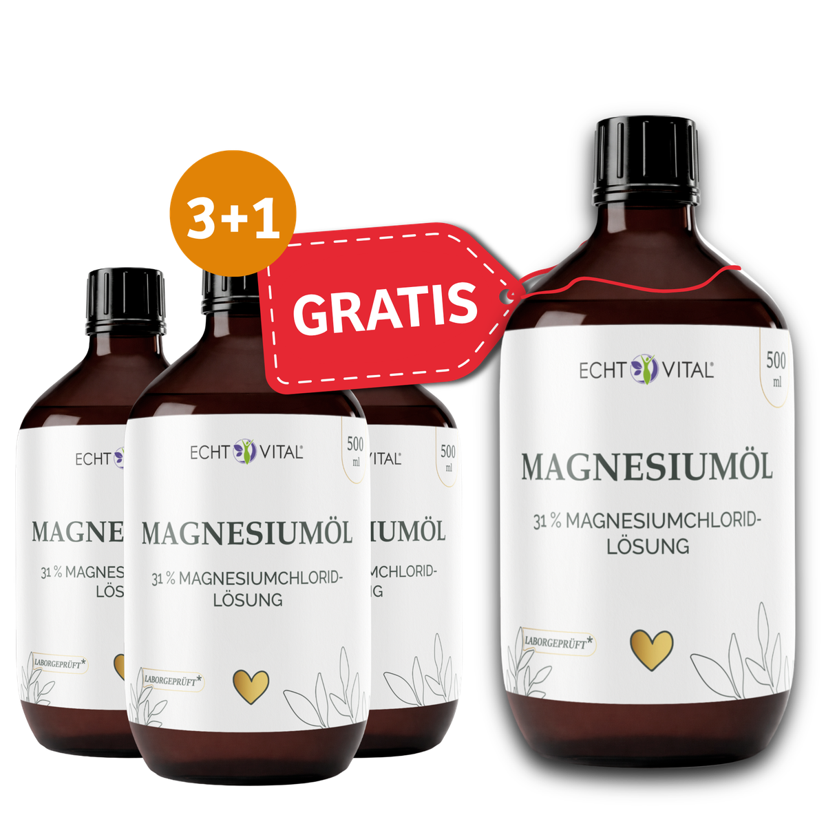 Magnesiumöl, Lösung, Magnesiumchlorid, Flasche, 3+1 Gratis,  Magnesiumöl,  Magnesiumchlorid,  31%,  Flasche,  Tropfen?, Magnesiumöl, Magnesiumchlorid, Lösung, Klarglasflasche, 500 ml