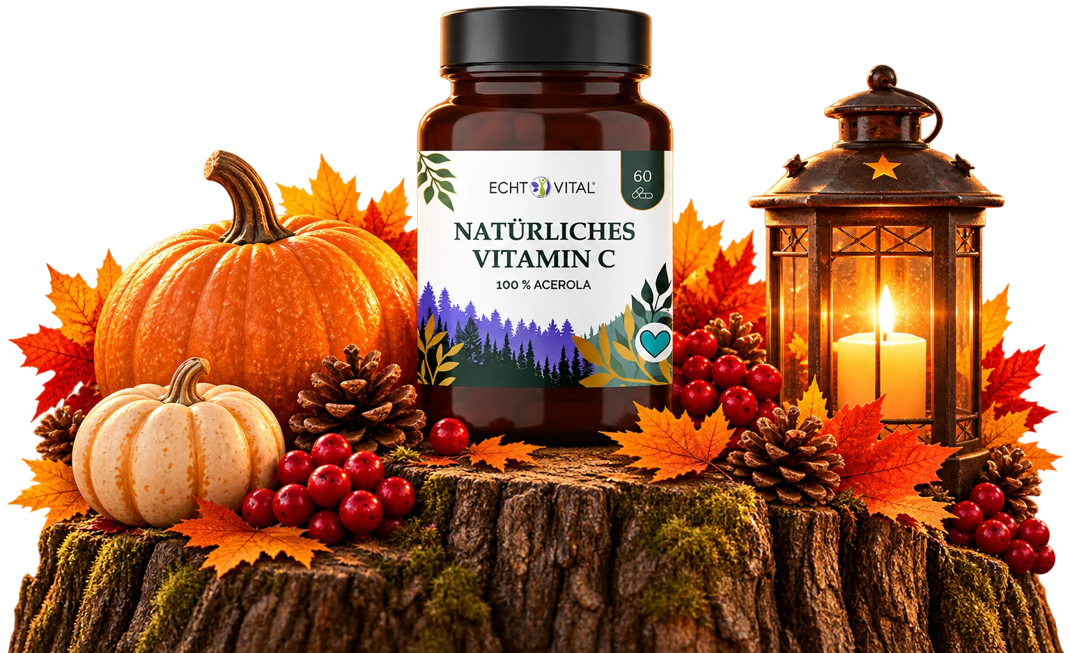 Echt Vital Natürliches Vitamin C, 100 % Acerola auf einem Baumstumpf zwischen K&uuml;rbissen und einer Laterne