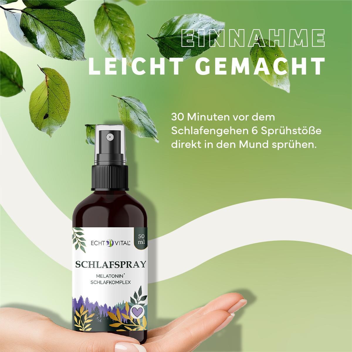 Kräuterig, Werbung, Plakat, Parfüm, Blatt, Schlafspray, Melatonin, Schlafkomplex, 50 ml, Sprayflasche, Schlafspray, Melatonin, Schlafkomplex, 50 ml, Flasche