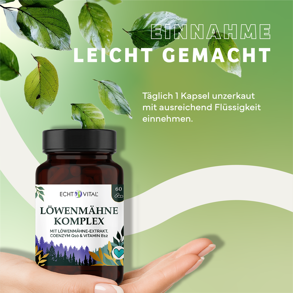 Kräuterig, Kräuter, Werbung, Blatt, Plakat, Löwenmähne Komplex, Kapseln, Vitamin B12, Coenzym Q10, Ergänzungsmittel