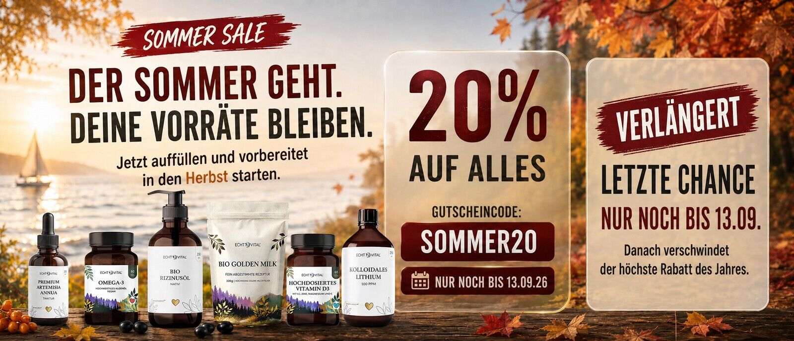 Sommer Sale verl&auml;ngert: 20 % Rabatt auf alles mit Code SOMMER20, letzte Chance bis 13. September