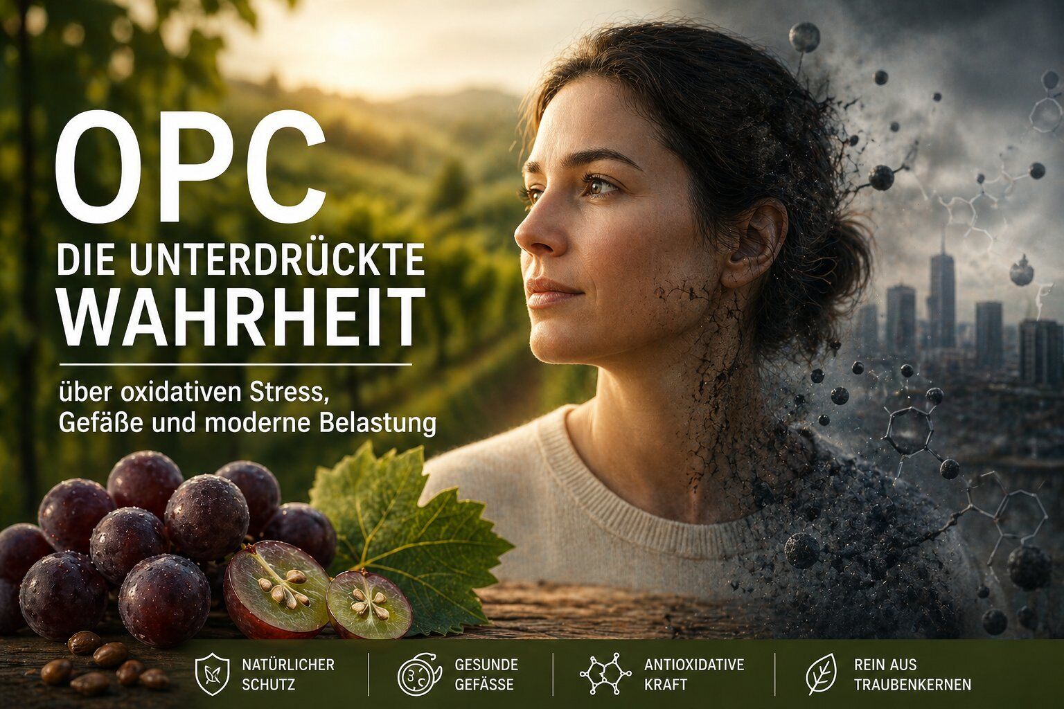 Oxidativer Stress, Trauben, Frau, chemische Strukturen, Biohazard