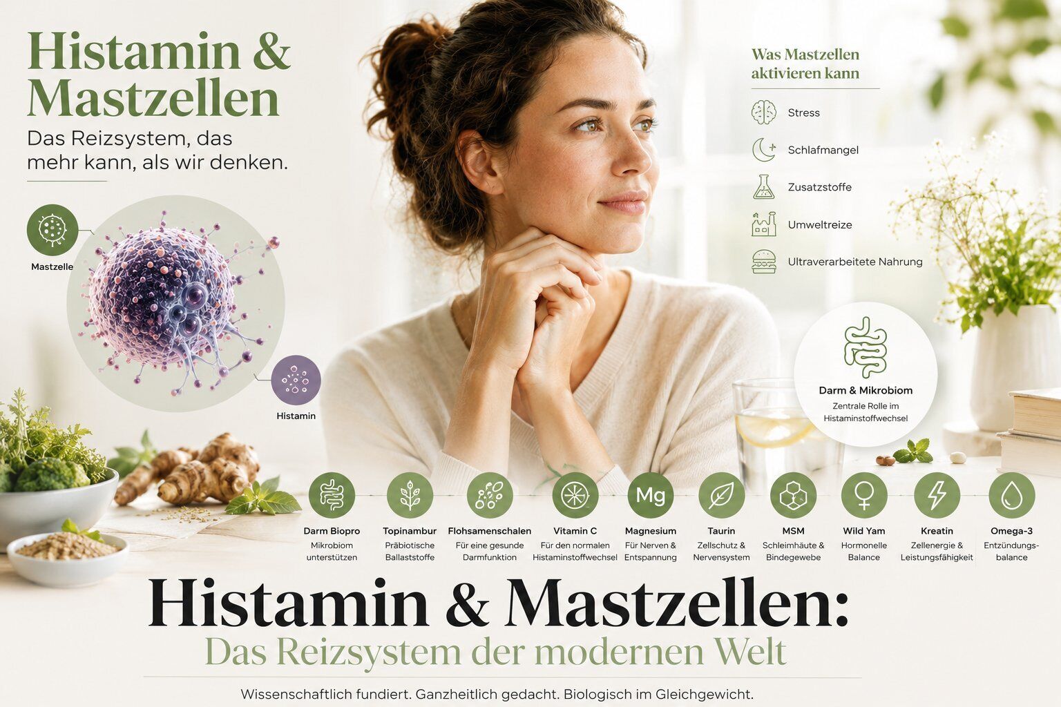 Histamin, Mastzellen, Darmmikrobiom, Vitamin C, Magnesium, Histamin, Mastzellen, Nahrungsergänzung, Darm-Mikrobiom, Magnesium