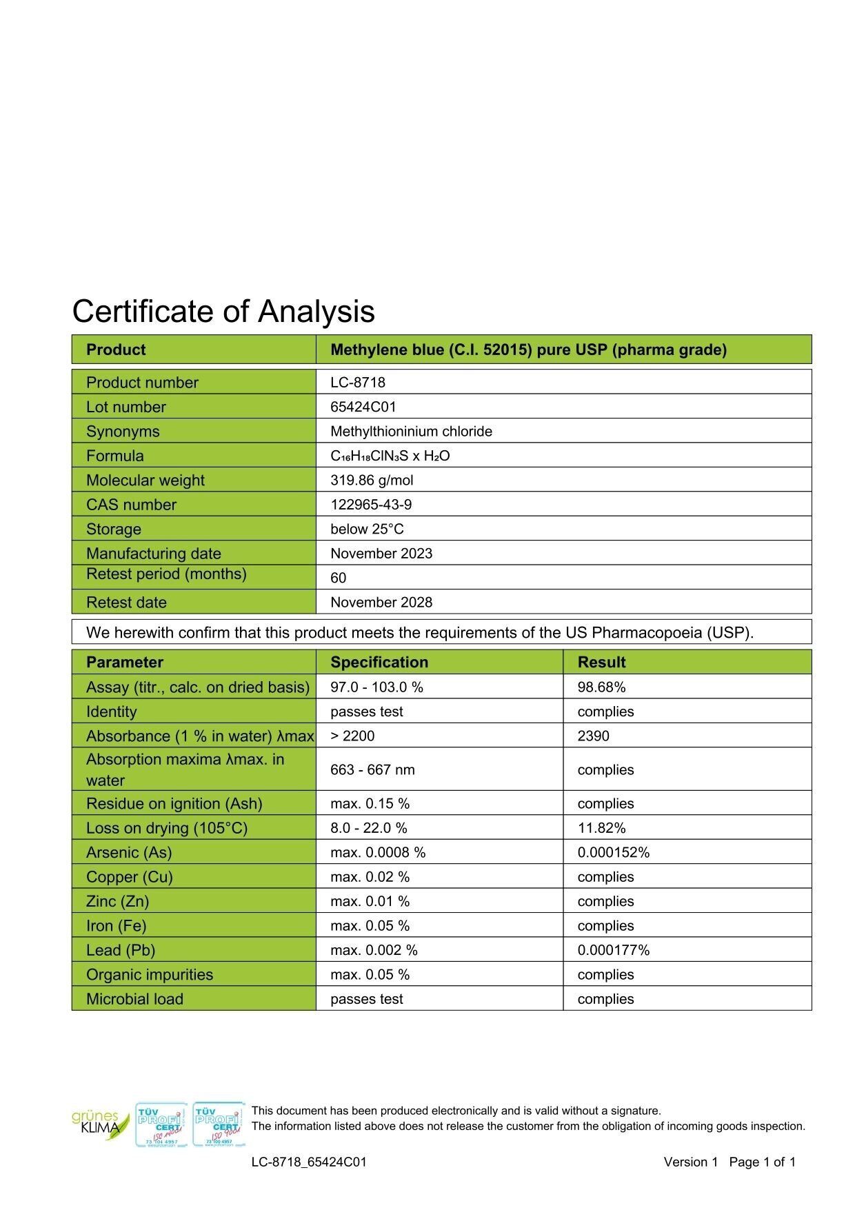 certificate, analyse, pharma, methylene blue, cosmetische?