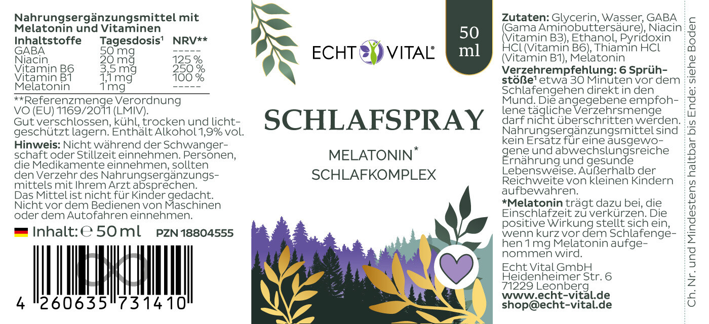 Schlafspray, Melatonin, Schlafkomplex, 50 ml, Gartenwald-Design