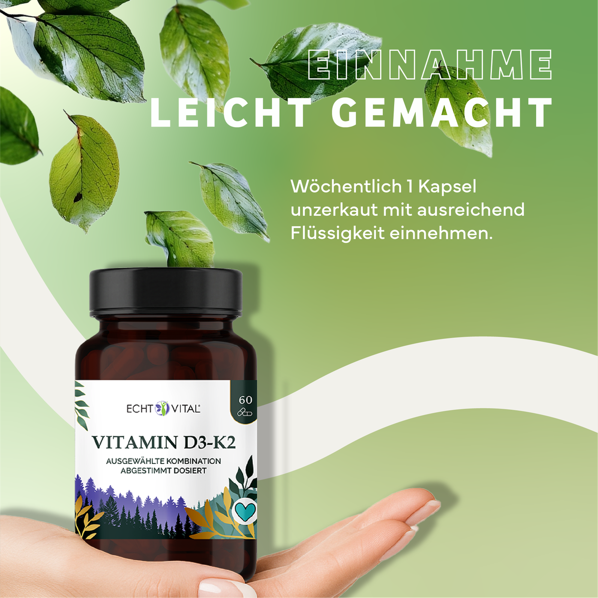 Kräuterig, Kräuter, Werbung, Astragalus, Blatt, Vitamin D3-K2, Kapselflasche, Nahrungsergänzungsmittel, Braune Glasflasche, Etikettendesign