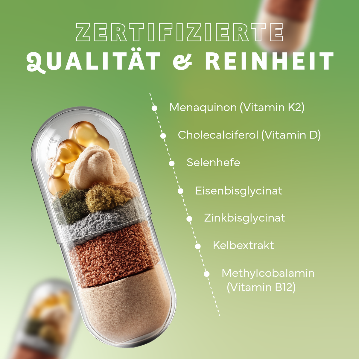 Werbung, Vitamin-Supplement, Kapsel, Pillenflasche, Inhalt der Kapsel, Nährstoffe