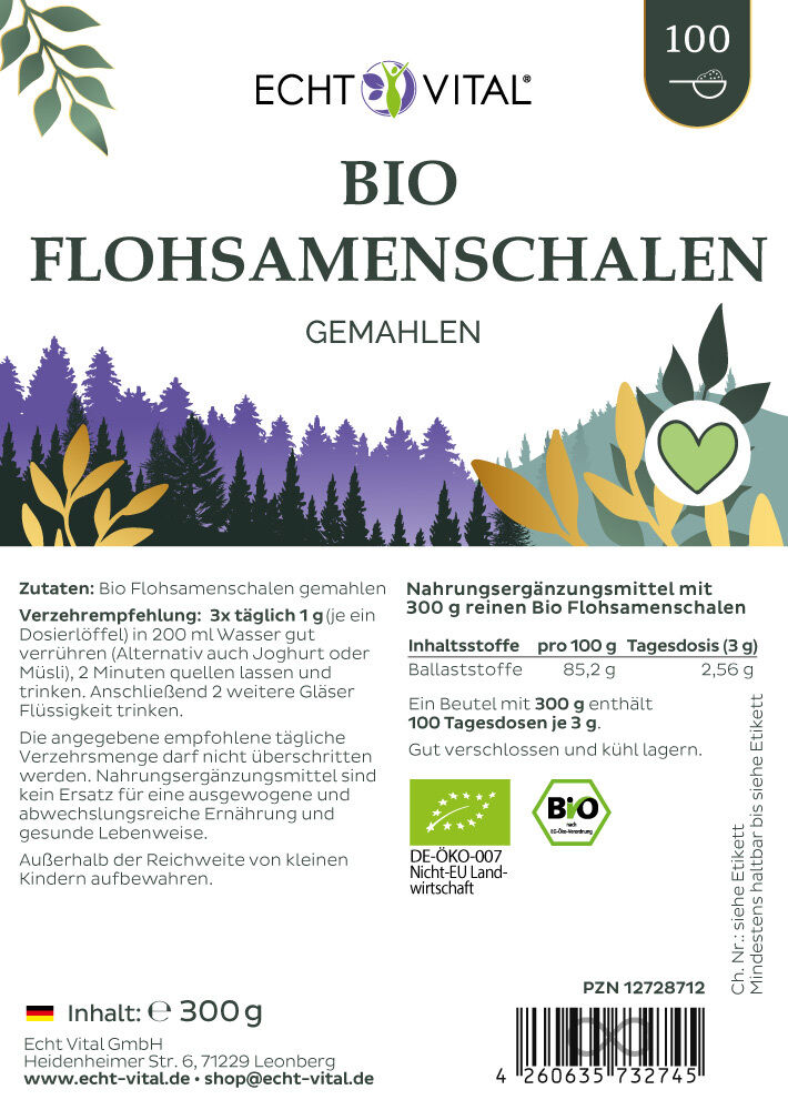Bio, Flohsamenschalen, gemahlen, Nahrungsergänzung, 300 g
