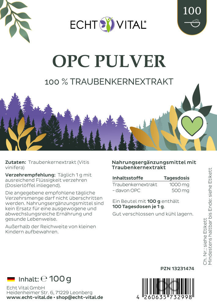 Traubenkernextrakt, OPC Pulver, Nahrungsergänzung, Traubenkernextrakt Pulver, 100 g Beutel