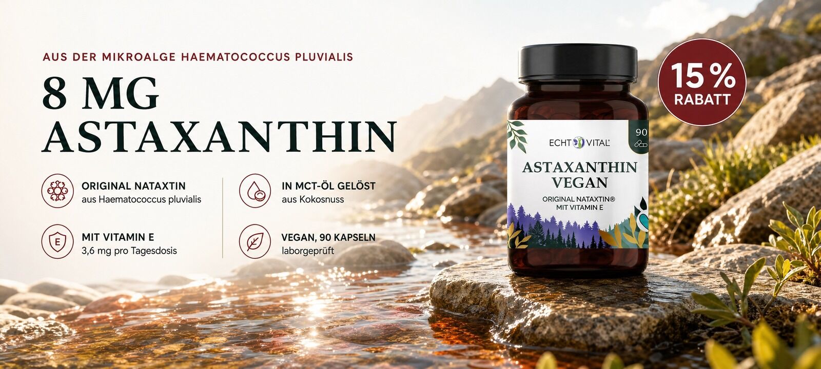 Astaxanthin vegan – 8 mg aus der Mikroalge Haematococcus pluvialis, nur für kurze Zeit 15 % Rabatt