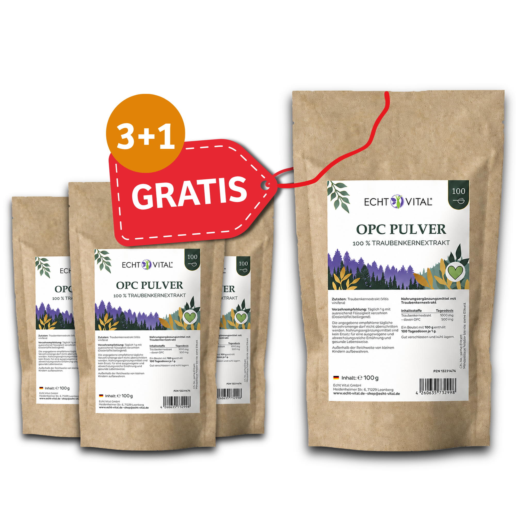 Puder, Tasche, Getreide, opc, 100 g, Verpackung, kombis, Getreide, OPC, Traubenkernextrakt, Pulververpackung, 100 g, OPC Pulver, Traubenkernextrakt, Krautengranulat?, 100 g, Gratis 3+1