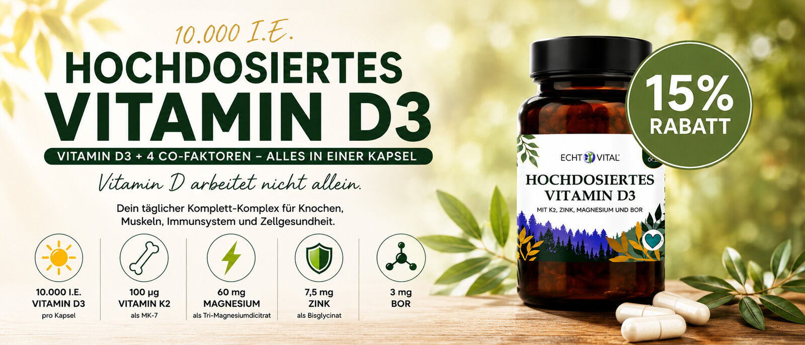 Hochdosiertes Vitamin D3 – 10.000 I.E. und 4 Co-Faktoren, nur für kurze Zeit 15 % Rabatt