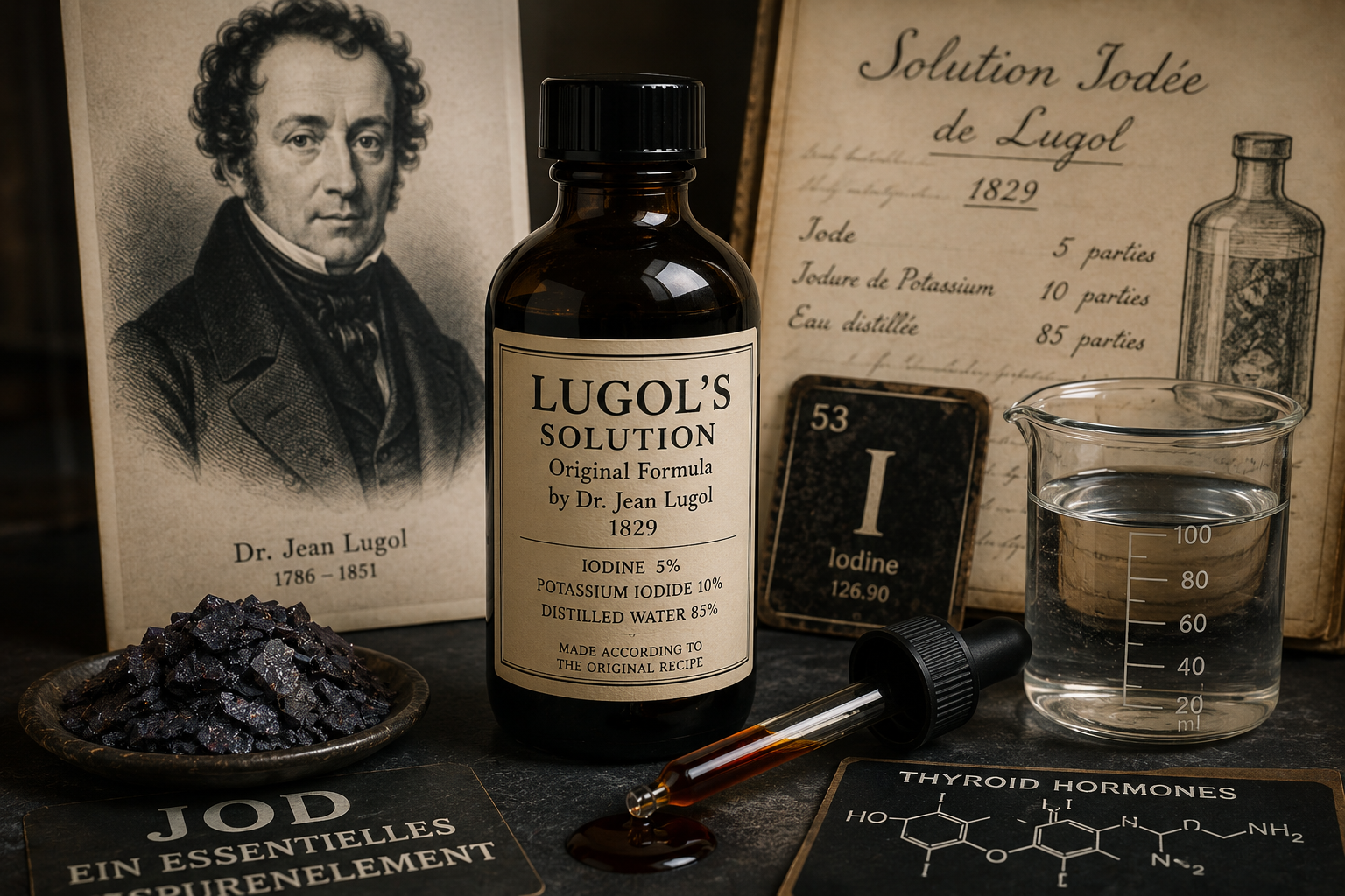Lugols Lösung, Iod, Apothekerflasche, Laborchemikalien, Kohle