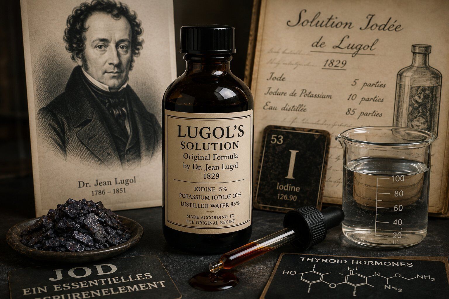 Lugols Lösung, Iod, Apothekerflasche, Laborchemikalien, Kohle, Iodine Lösung, Flasche, Labork becher, Tropfer, Flüssigkeit