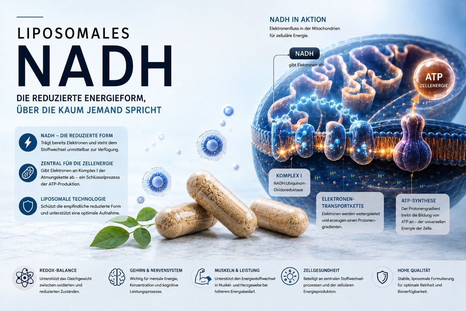 Tabletten, Liposomales, NADH, ATP, Zellenergie, NADH, Chemie-Illustration, Zellenergie, Liposomale Technologie, ATP-Synthese