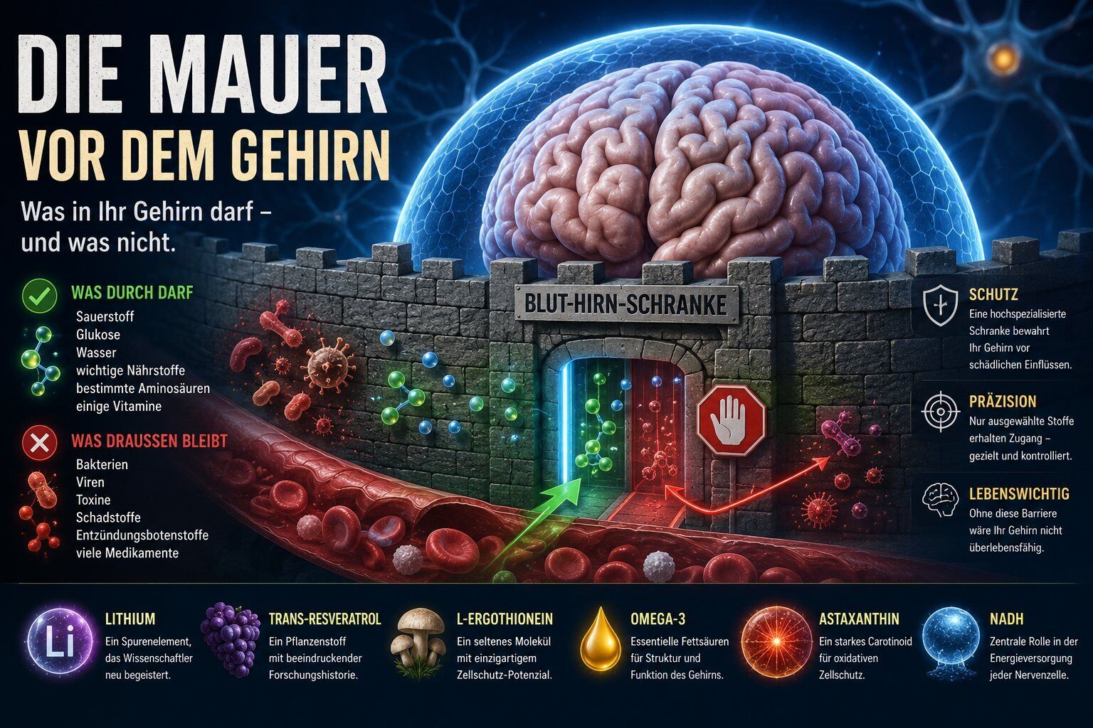 Gehirn, Blut-Hirn-Schranke, Mauer, Tor, Illustration, Gehirn, Blut-Hirn-Schranke, Wand, Tor, Beschriftung