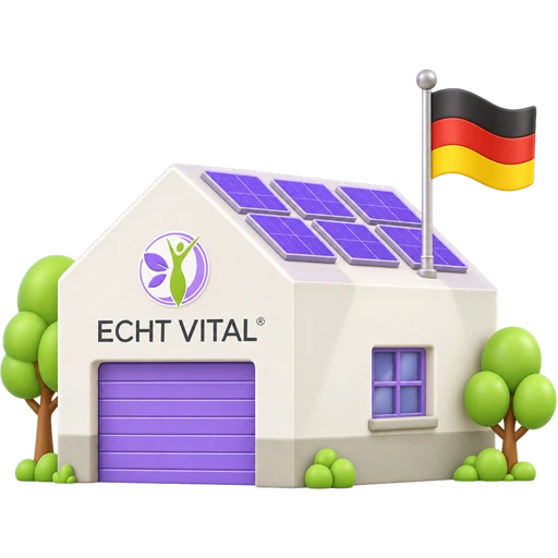 Kleine Fabrik mit Echt Vital Logo, Solardach und deutscher Flagge