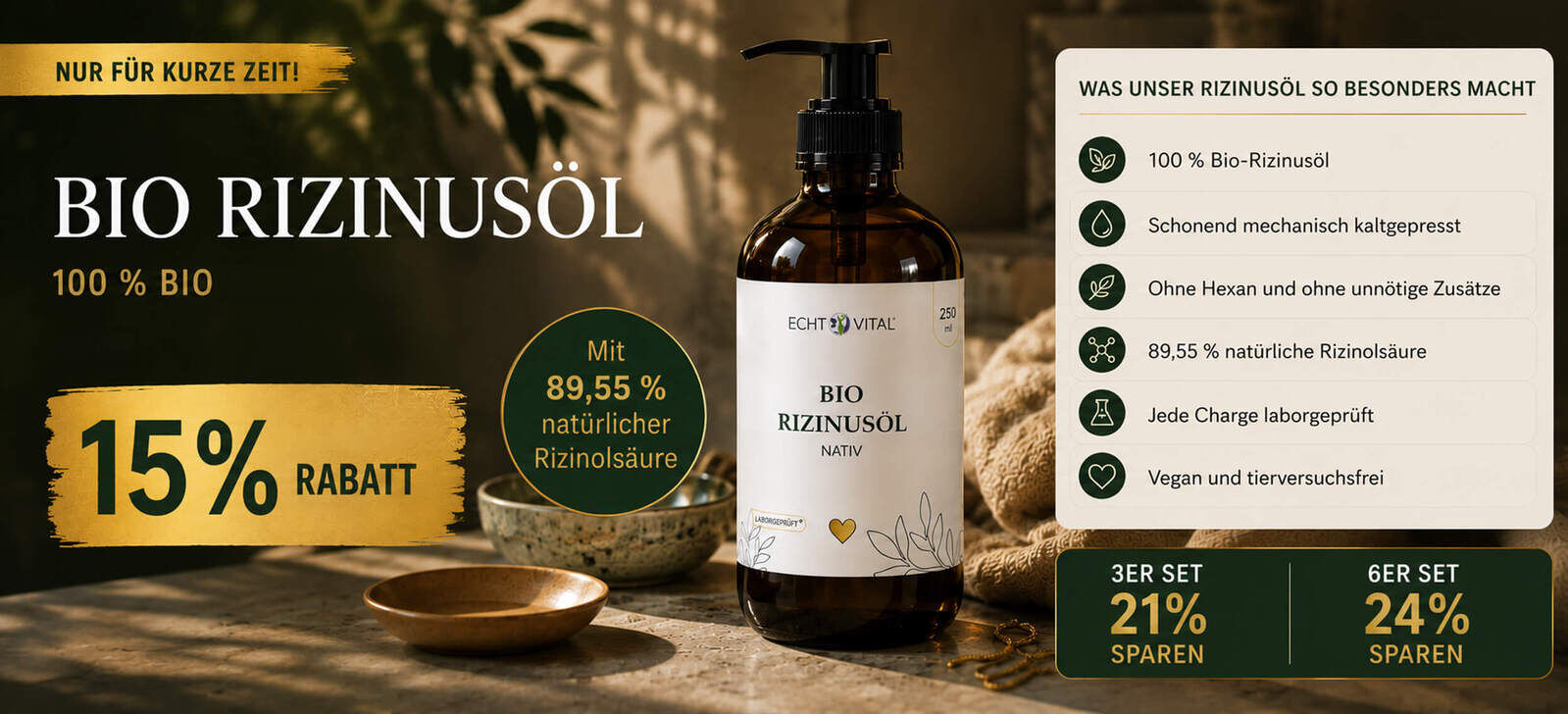 Bio Rizinusöl – nur für kurze Zeit 15 % Rabatt, 100 % Bio, laborgeprüft