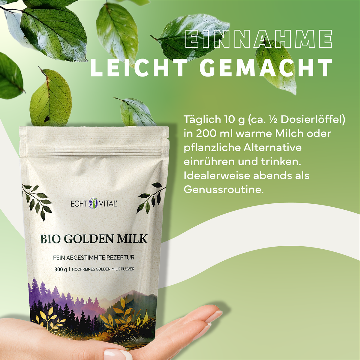Kräuterig, Kräuter, Pflanze, Werbung, Plakat, Bio Milch, Goldene Milch, Milchpulver, Beutel, Grüner Verlauf