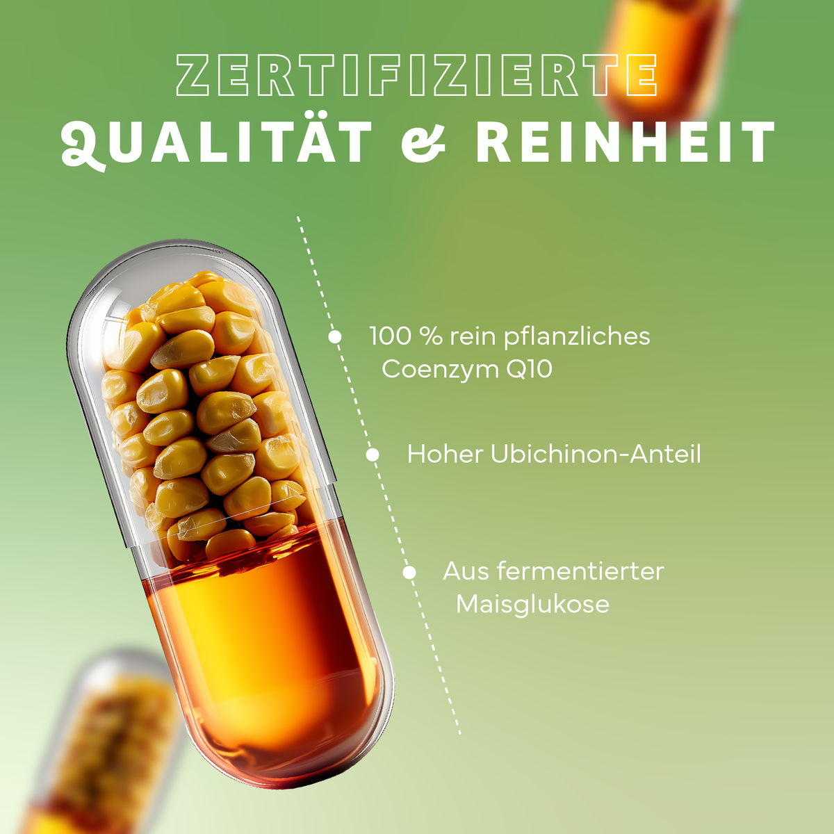 Medikamente, Pille, Medikamente, Pille, Medikamente, Pille, Medikamente, Pille, Kapsel mit Körnern, Coenzym Q10, Nahrungsergänzung, Farbige Flüssigkeit, Fermentierter Maisstärke