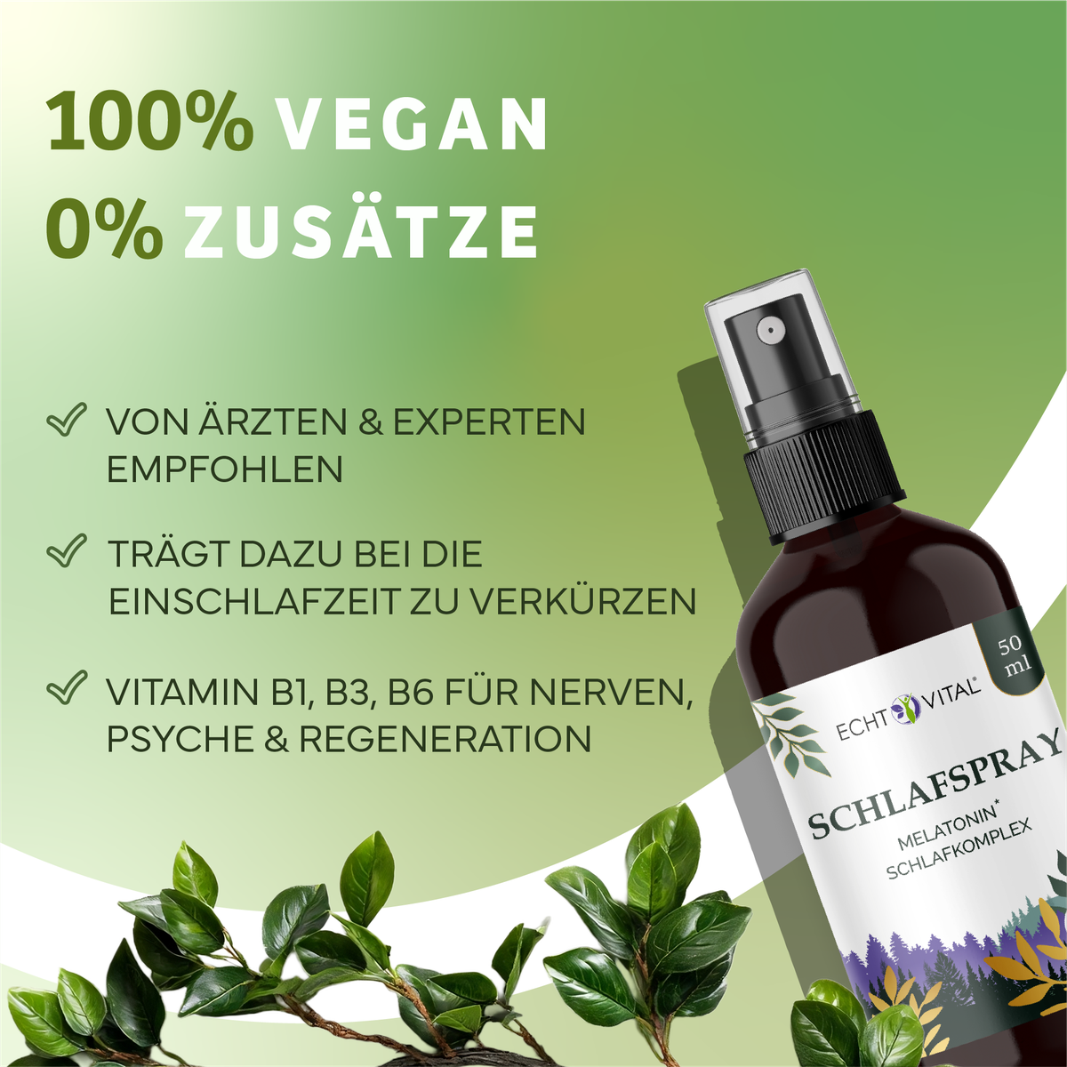 Kräuterig, Kräuter, Werbung, Plakat, Flasche, Sprühflasche, Schlafspray, Pflanzeninhaltsstoffe, Medizinprodukt, Verschlussarme, schlafspray, melatonin, pflanzenextrakt, 50 ml, nahrungsergänzung