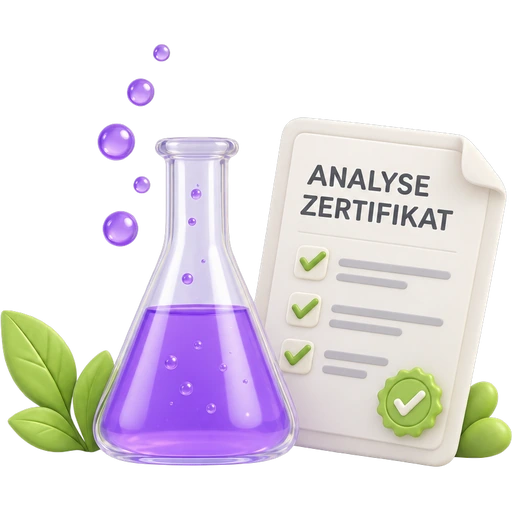 Laborkolben mit violetter Fl&uuml;ssigkeit neben einem Analysezertifikat