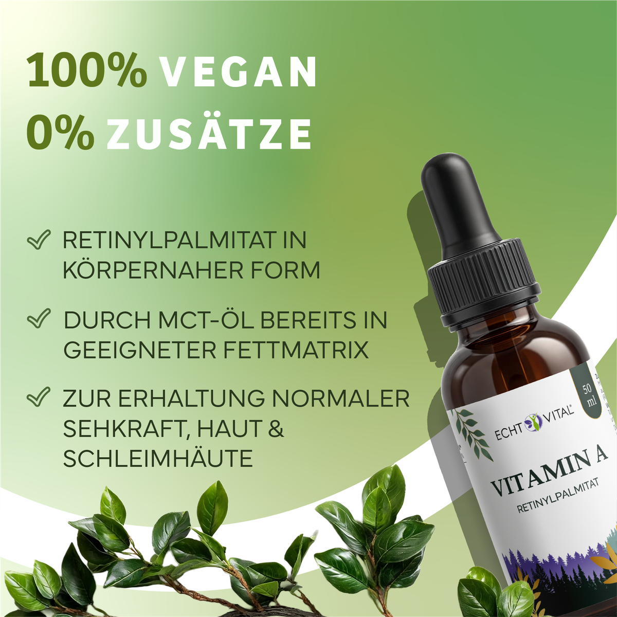 Vitamin A, Retinylpalmitat, Öltropfen, Grüner Farbverlauf, Kräuterblätter, Vitamin A, Retinylpalmitat, Öltropfen, Flasche Beschriftung, Grüner Verlauf