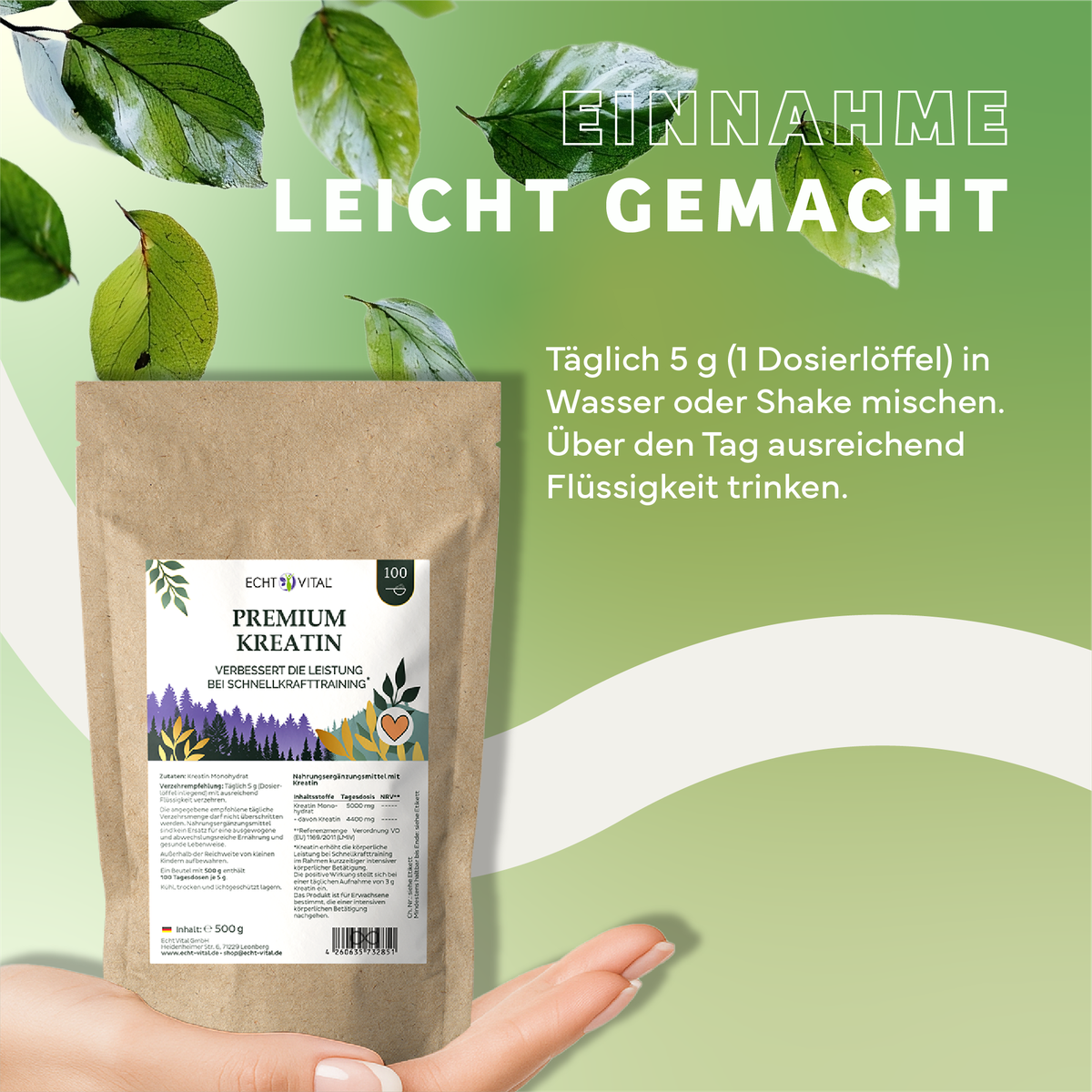 Kräuterig, Kräuter, Werbung, Plakat, Blatt, Papiertüte, Nahrungsergänzung, Kreatin, Beutel 500 g, Naturfarbene Verpackung