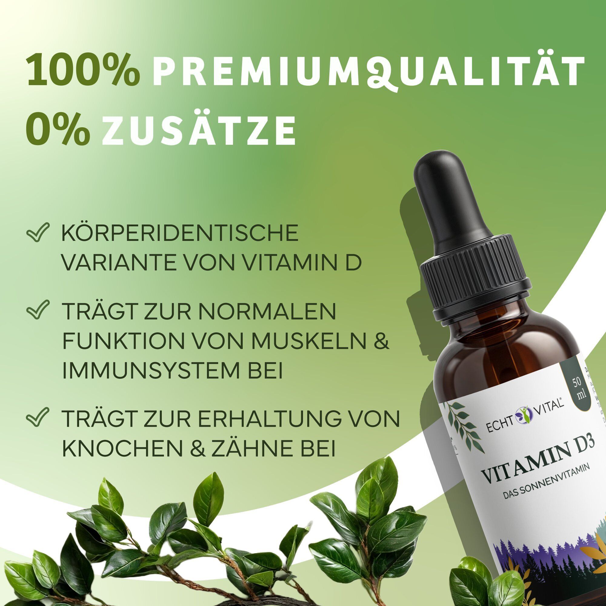 Vitamin D3, Vital Tropfen, Flasche, Ergänzungsprodukt, Vitamin D3 Tropfen, Vitamin D3, Tropfflasche?, braune Glasflasche, grüner Verlauf, Kräuterblätter, Vitamin D3, Fläschchen, Ergänzungsmittel, Flasche, Korken/Deckel