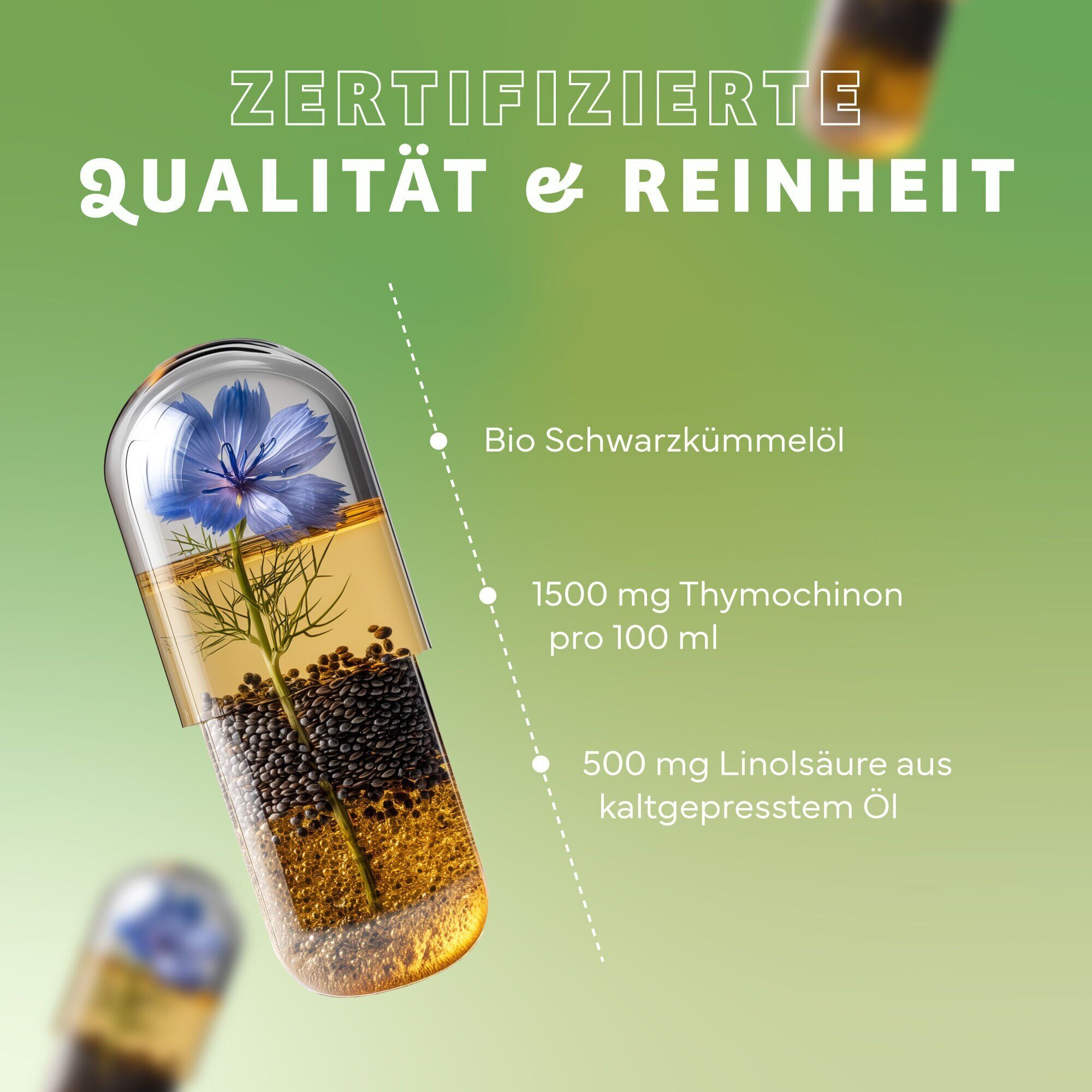 Kräuterig, Kräuter, Pflanze, Kräuterig, Kräuter, Pflanze, Kosmetik, Parfüm, Öl, Kapsel, Kräuteröl, Bio-Schwarzkümmelöl, Thymo­chonin-1500mg/100ml