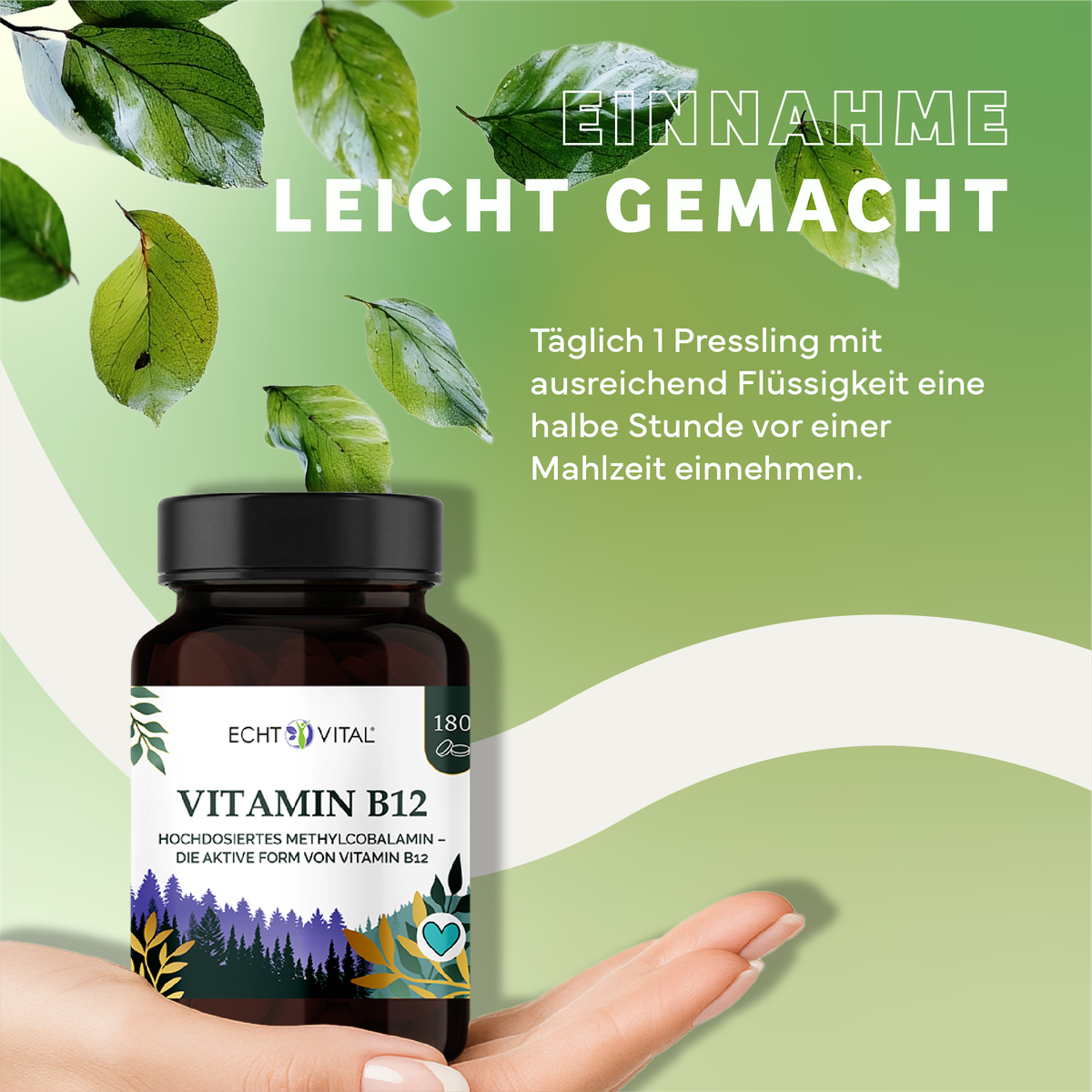Kräuterig, Kräuter, Werbung, Plakat, Blatt, Vitamin B12, Nahrungsergänzung, Flasche, Methylcobalamin, Design