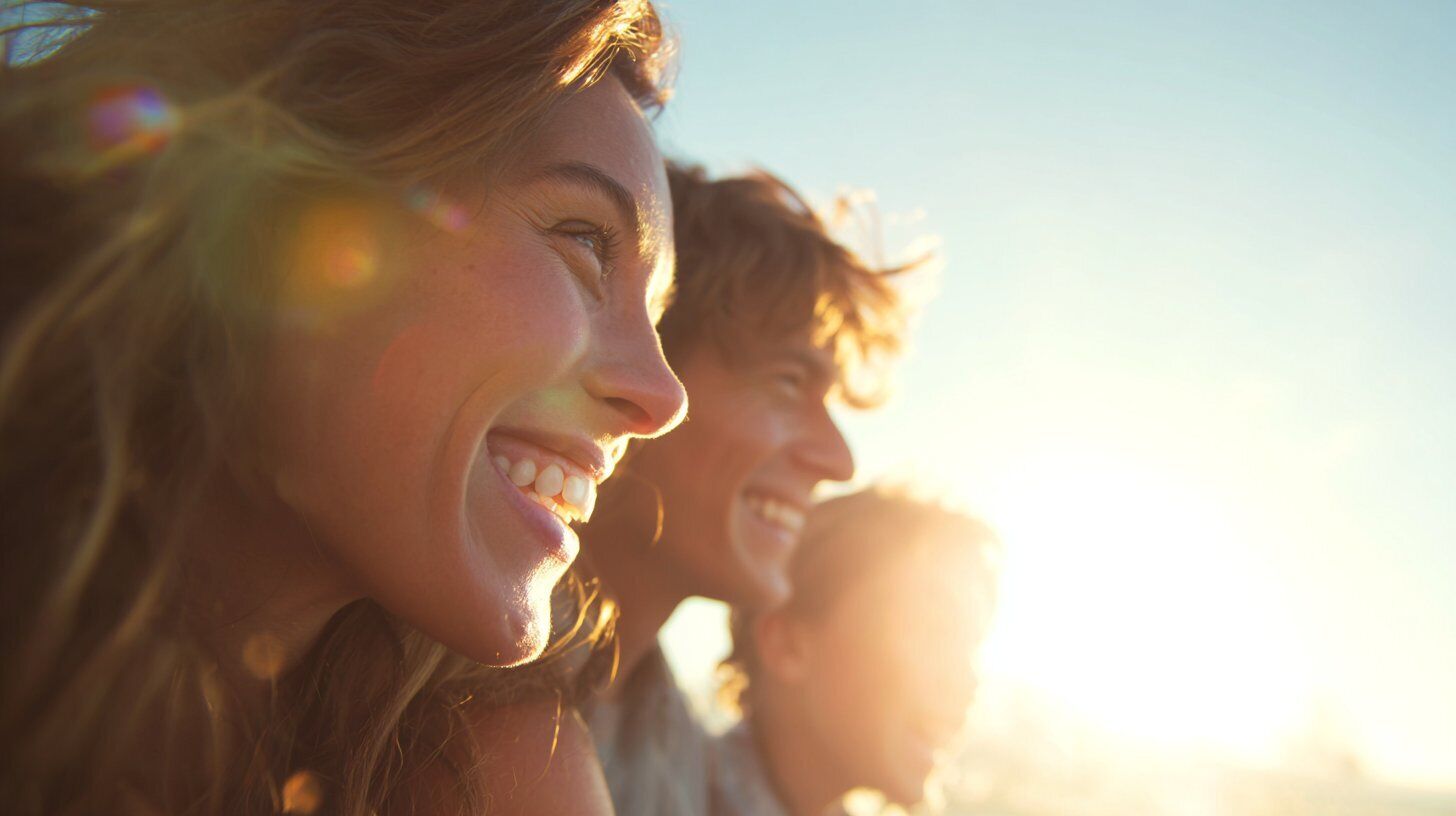 Gesicht, Glücklich, Kopf, Lächeln, Lachend, people, smiling, sonnenuntergang, draußen, freunde