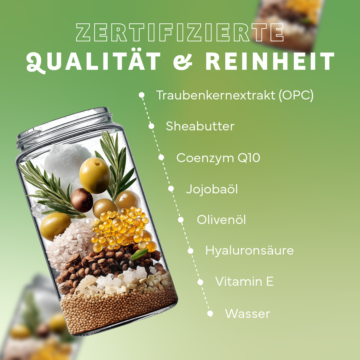 Krug, Werbung, Plakat, Krug, Werbung, Plakat, Glasgefäß, Olivenöl, Zutaten, Hyaluronsäure, Wasser
