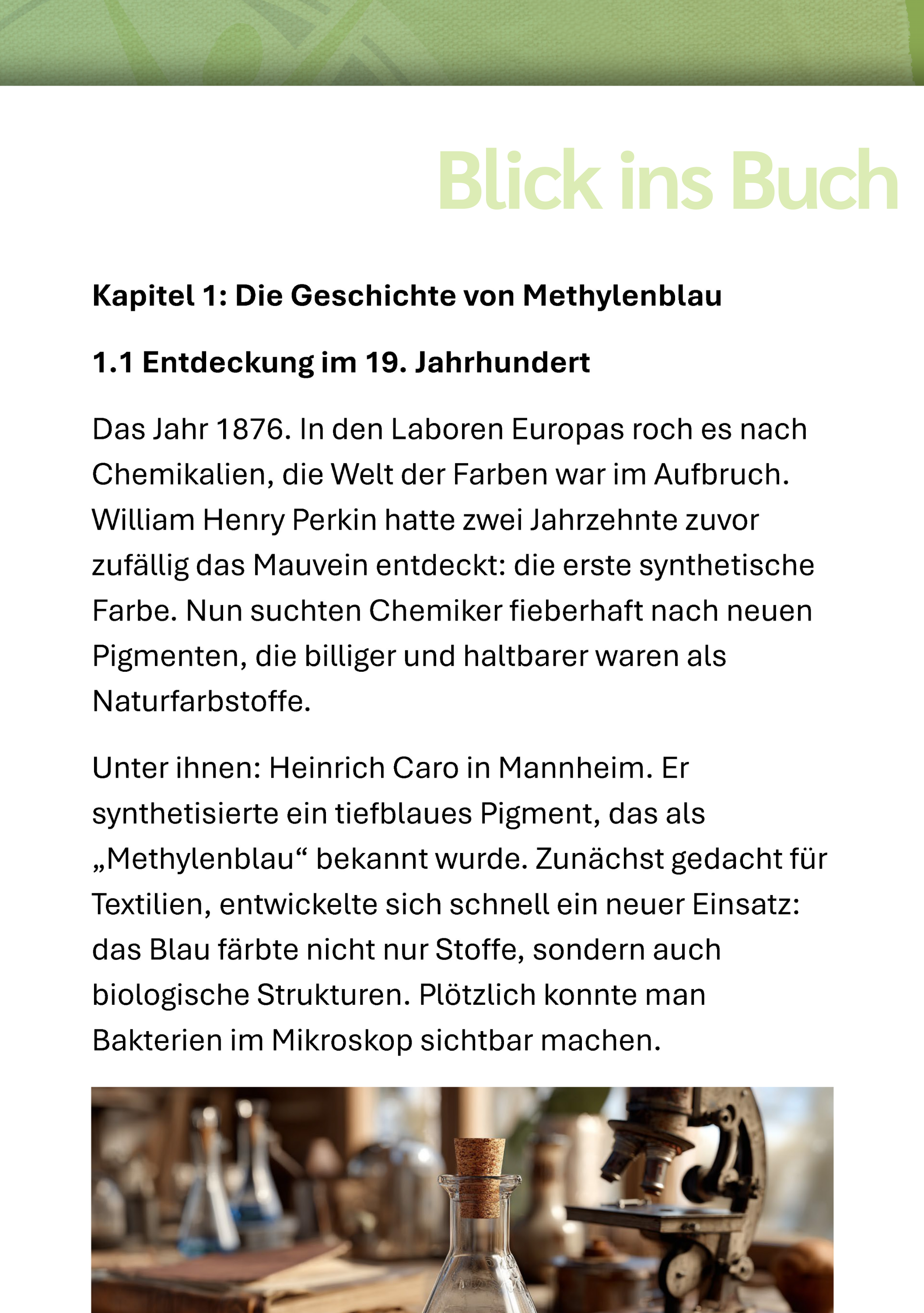 Werbung, Plakat, Seite, Text, Buchseiten, Kapitel, Die Geschichte, Methylblau, Labor