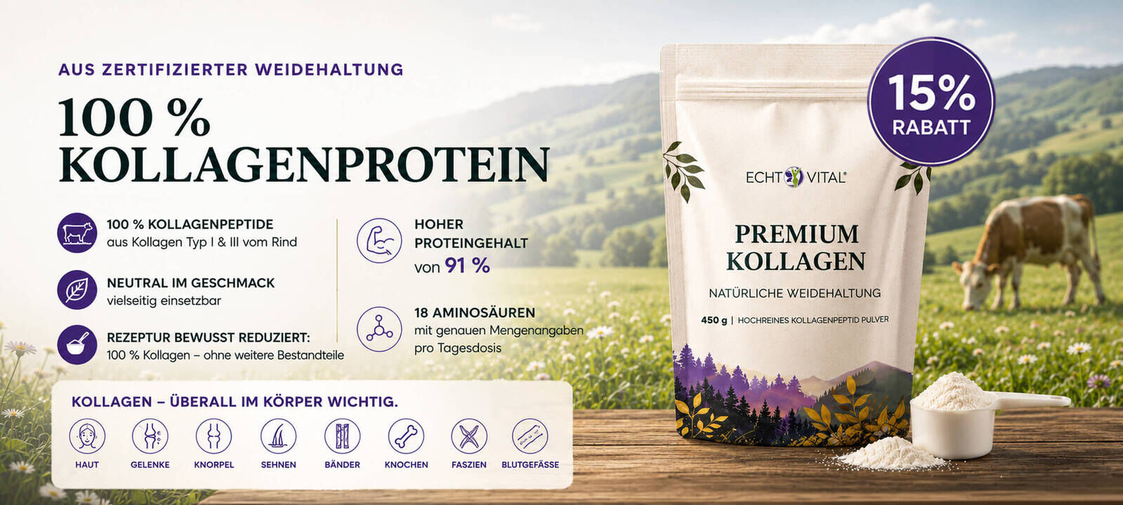 Premium Kollagen aus zertifizierter Weidehaltung – 100 % Kollagenpeptide, nur für kurze Zeit 15 % Rabatt