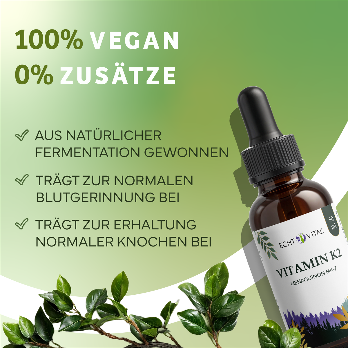 Vitamin, K2, Tropfen, Braunflasche, Olivenblätter