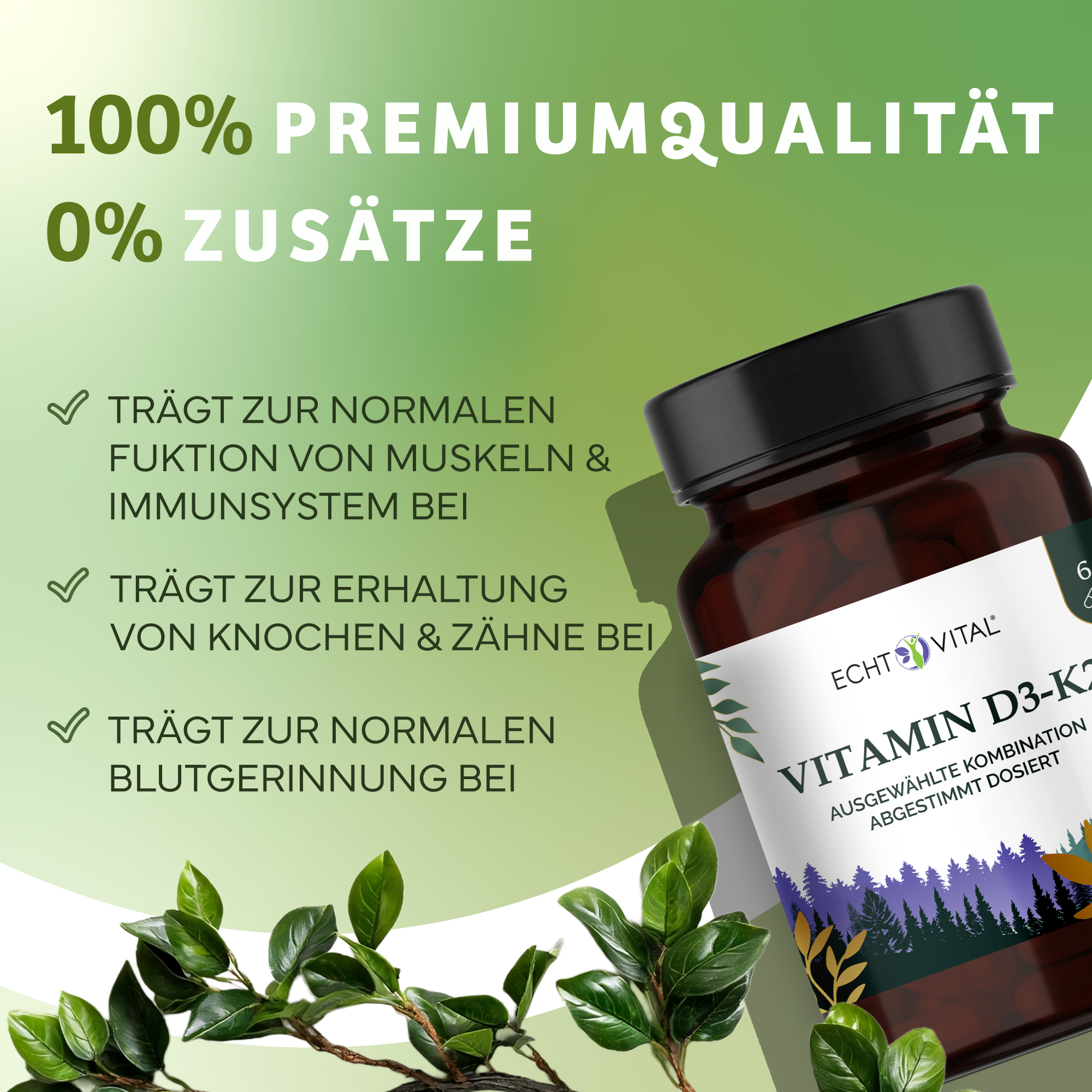Kräuterig, Kräuter, Pflanze, Astragalus, Werbung, Vitamine, Kapseln, D3, Kiefer, Flasche