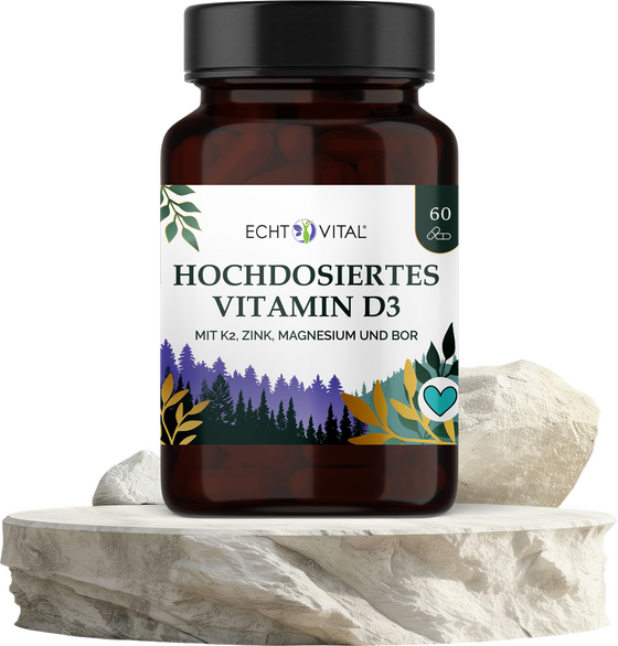 Echt Vital Hochdosiertes Vitamin D3 mit K2, Zink, Magnesium und Bor, 60 Kapseln