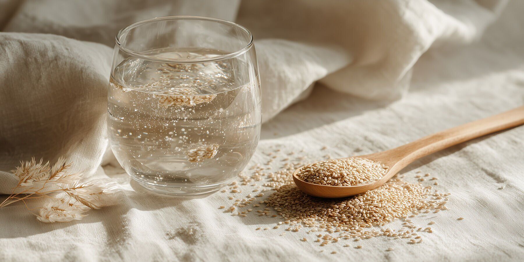 gedämpftes Glas, Wasser, Sesam, Küchenglas, Holzlöffel
