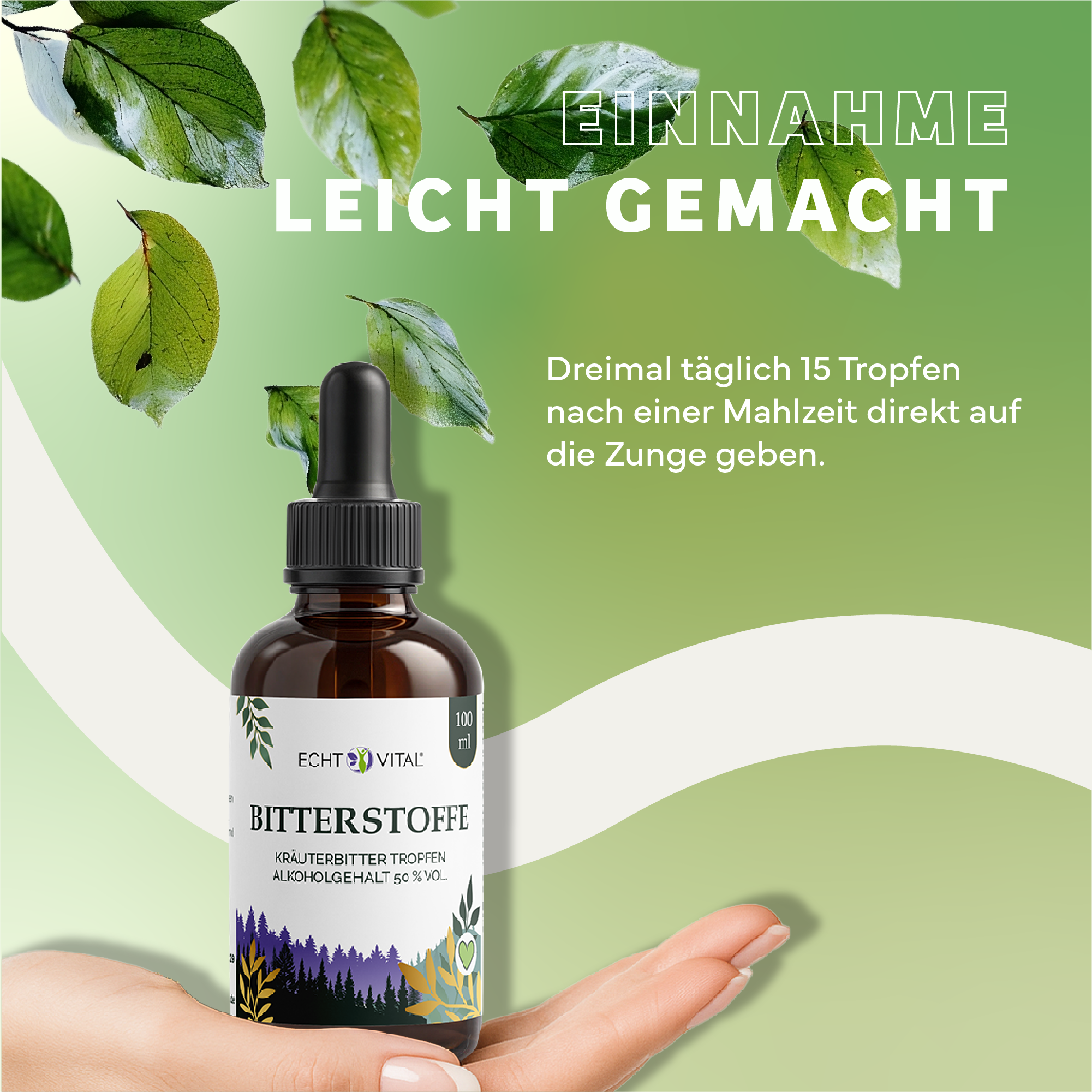 Kräuterig, Kräuter, Werbung, Blatt, Plakat, Kräuter, Werbung, Blatt, Plakat, Flasche, Kräuterbitter, Alkoholhaltig, Tropfen, 100 ml