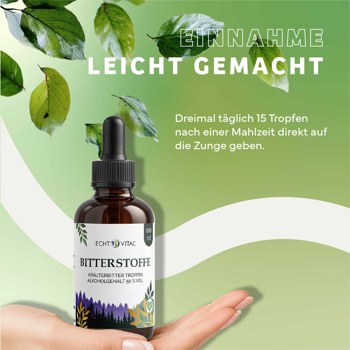 Kräuterig, Kräuter, Werbung, Blatt, Plakat, Kräuter, Werbung, Blatt, Plakat, Flasche, Kräuterbitter, Alkoholhaltig, Tropfen, 100 ml, Kräuterbitter, Tropfen, Flasche, Glasflasche, Etikett