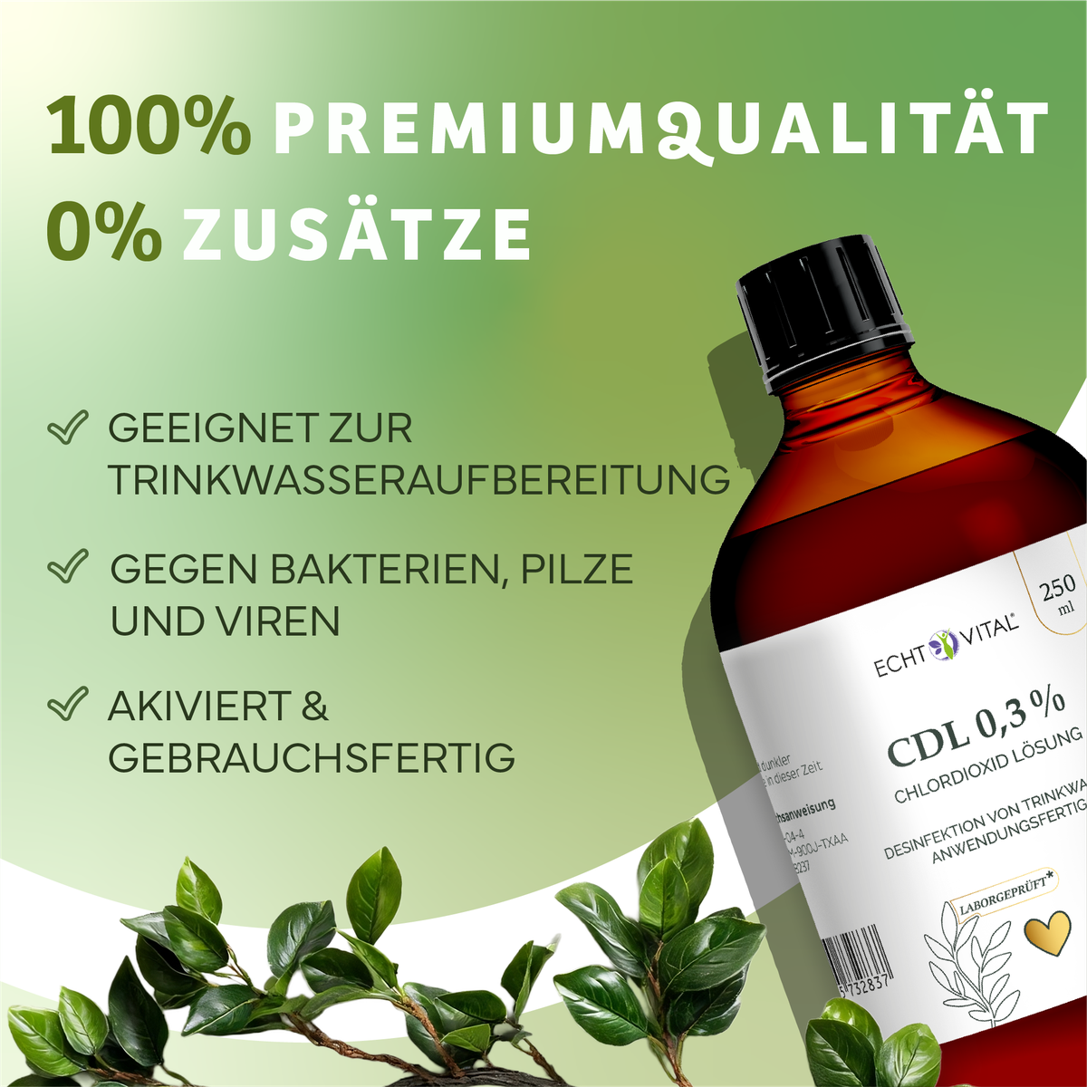 Kräuterig, Kräuter, Werbung, Plakat, Flasche, Desinfektionsmittel, Chlordioxid, Lösung, 250 ml, Grün-Weiße Verpackung