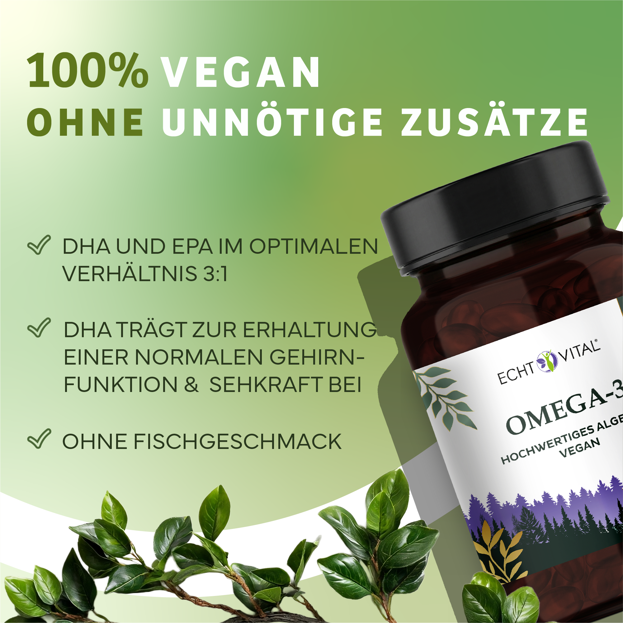 Kräuterig, Kräuter, Pflanze, Werbung, Astragalus, Omega-3, Vegan, Flasche, Nahrungsergänzung, Supplement, Omega-3, Vegane Nahrungsergänzung, Kapseln, DHA, EPA