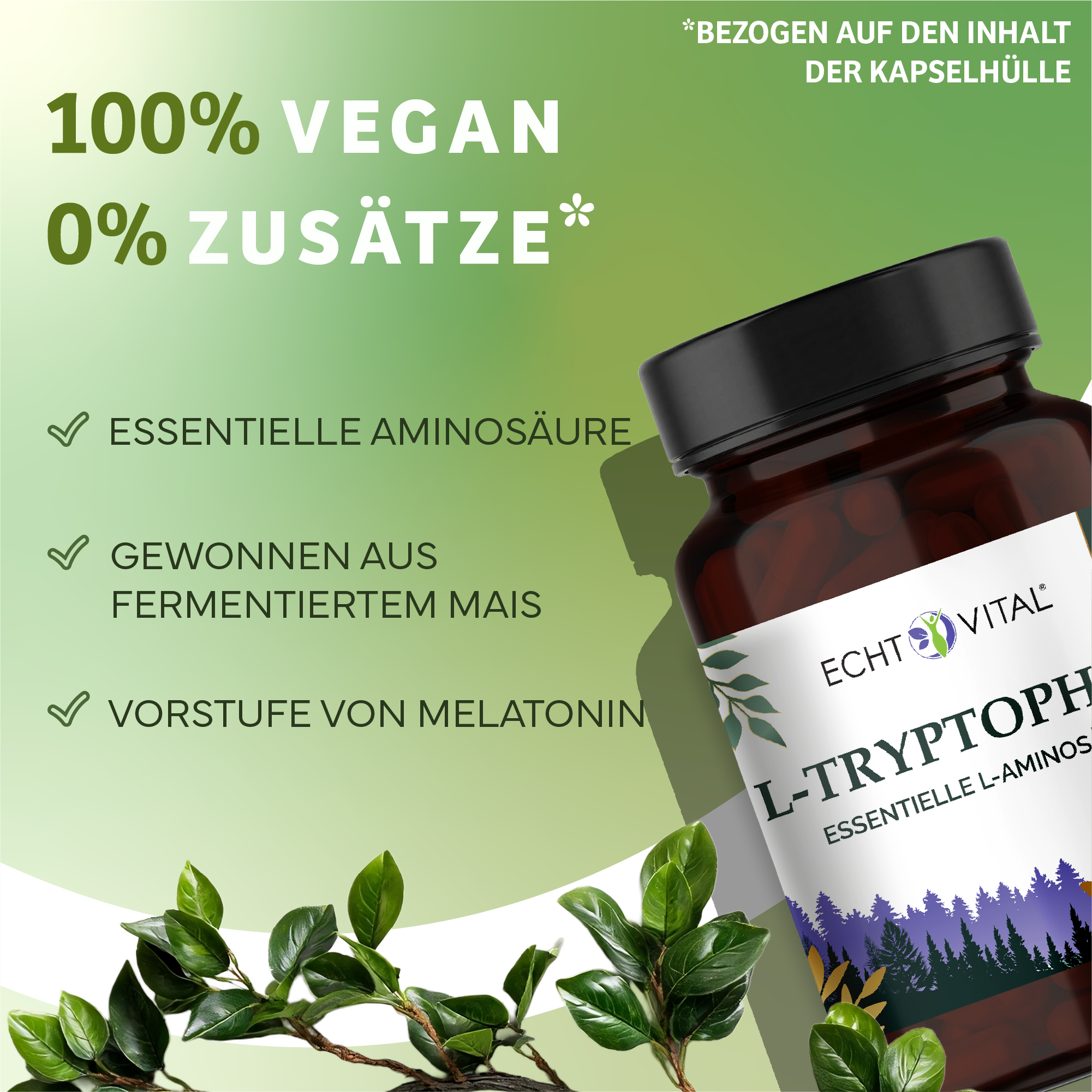 Flasche, Nahrungsergänzung, Vegan, Aminosäuren, L-Tryptophan, L-Tryptophan, Essentielle Aminosäure, Kapselhülle, Fermentierter Mais, Vitalbrand