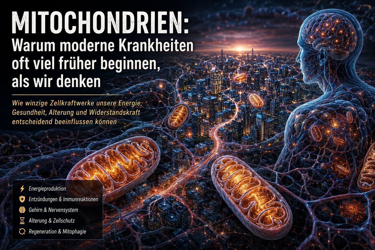 Mitochondrien, Krankheiten, Abbildung, Zellkraftwerk, Biologie, Mitochondrien, Zellkraftwerk, Abbildung, Humanoider Körper, Städtische Landschaft