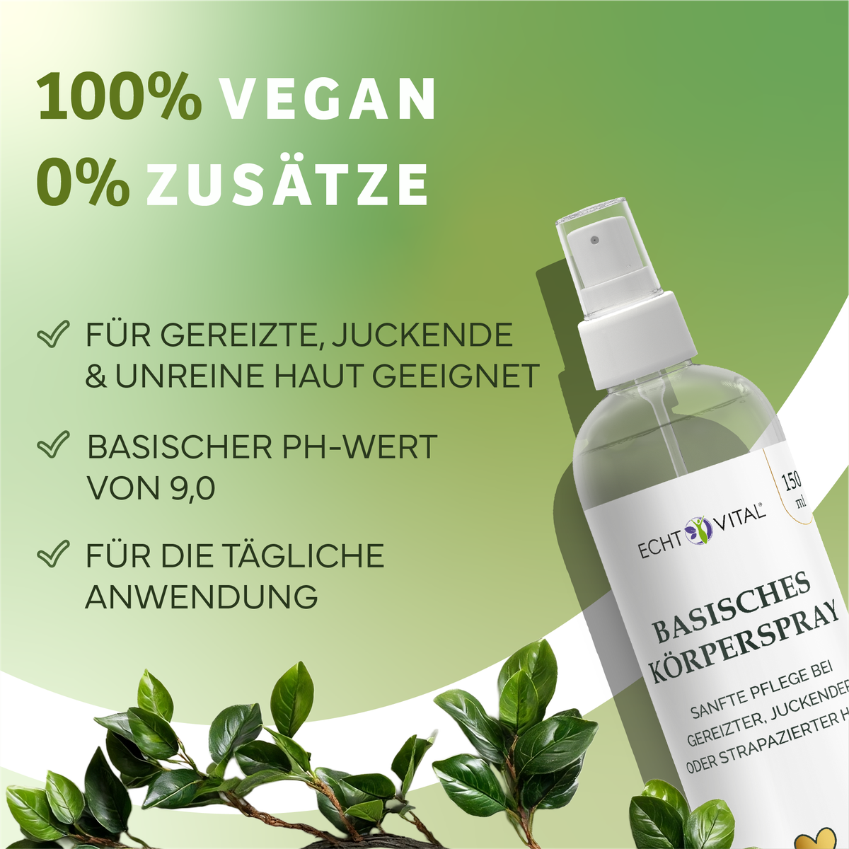 Kräuterig, Kräuter, Werbung, Plakat, Flasche, Körperspray, Sprayflasche, 150 ml, Transparente Flasche, grüner Hintergrund, Körperpflege, Körperspray, Sprühflasche, Basis, PH-Wert 9,0
