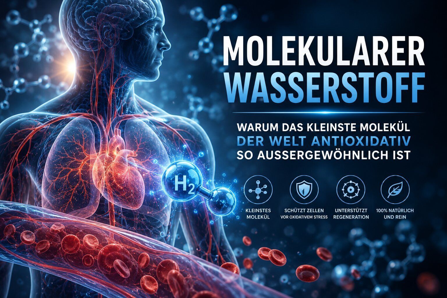 molekularer wasserstoff, menschlicher körper, herz, proteinverbindungen, science banner, H2 Molekül, Wassermolekül, Molekularer Wasserstoff, Biomedizinische Illustration, Körperdiagramm