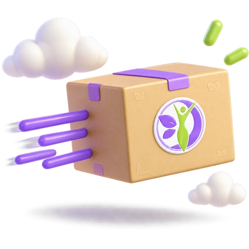 Fliegendes Paket mit Echt Vital Logo und Tempolinien