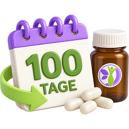 Kalender mit 100 Tage, R&uuml;ckgabepfeil und einem Glas Kapseln