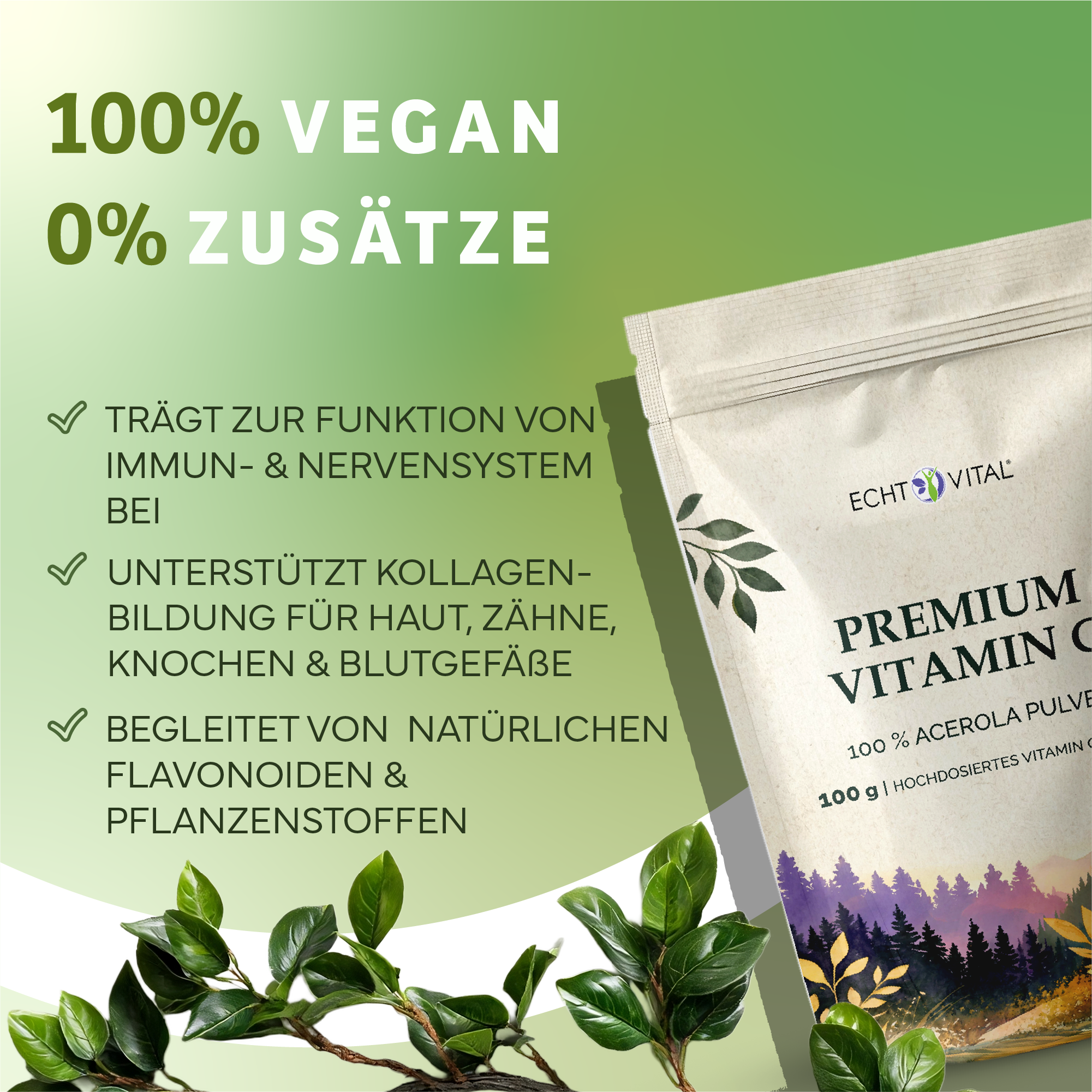 Vitamin C, Pulver, Verpackung, Grüner Verlauf, natürliche Inhaltsstoffe